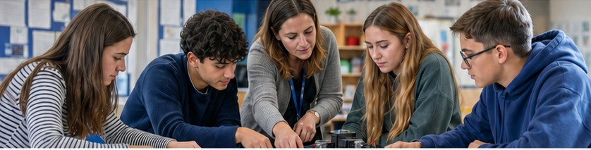 Teacher and secondary-school students working together during a hands-on classroom activity
